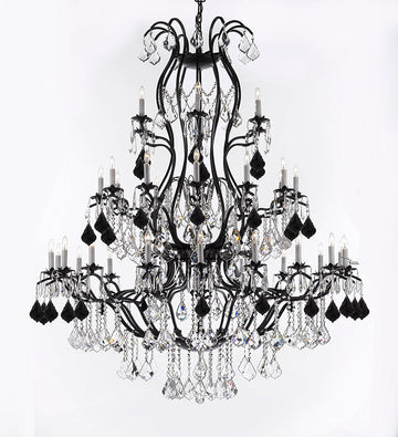 Large Wrought Iron Chandelier Chandeliers Lighting With Jet Black Crystals H60" x W52" - Great for the Entryway, Foyer, Family Room, Living Room - A500-B97/3031/36
