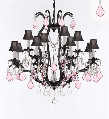Wrought Iron Crystal Chandelier Lighting Chandeliers H30" x W28" Dressed with Pink Crystals and Black Shades! Great for Bedroom, Kitchen, Dining Room, Living Room, and more! - A500-B110/3034/8+4-BLACKSHADES