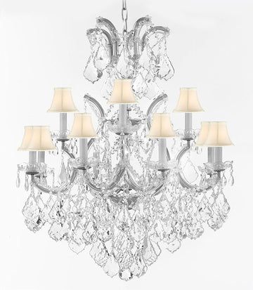 Maria Theresa Chandelier Lights Fixture Pendant Ceiling Lamp Dressed w/Large, Luxe Diamond Cut Crystals! HT35" x WD28" - Good for Dining Room, Foyer, Entryway, Living Room & More! w/White Shades - A500-B90/WHITESHAD/CS/B7/52/21532/12+1DC