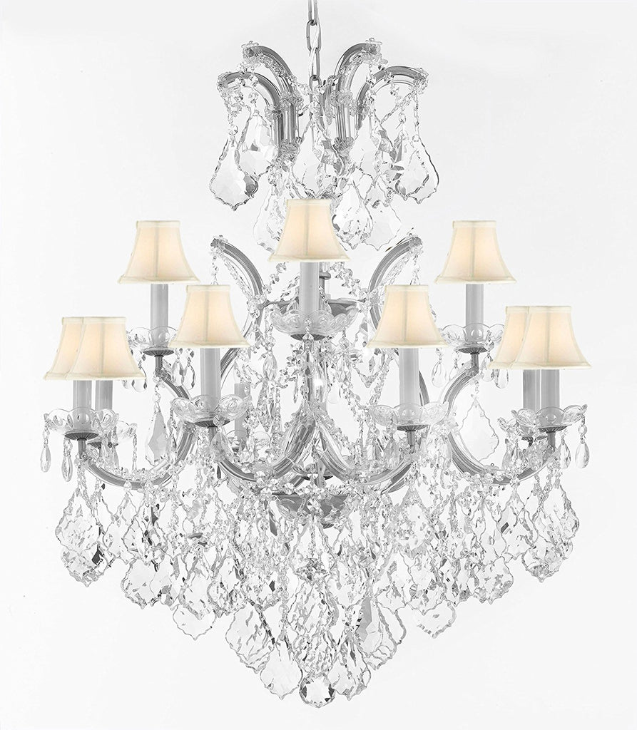 Swarovski Crystal Trimmed Maria Theresa Chandelier Lights Fixture Pendant Ceiling Lamp Dressed w/Large, Luxe Crystals! HT35" x WD28" - Good for Dining Room, Family Room & More! with White Shades - A500-B90/WHITESHAD/CS/B7/52/21532/12+1SW