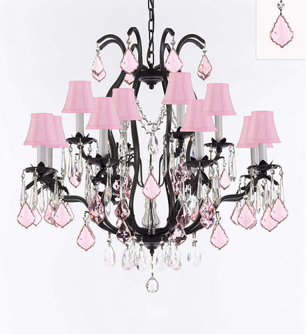 Wrought Iron Crystal Chandelier Lighting Chandeliers H30" x W28" Dressed with Swarovski Crystals and with Pink Crystals and Pink Shades! Great for Bedroom, Kitchen, Dining Room, Living Room, and more! - F83-B110/PINKSHADES/3034/8+4SW