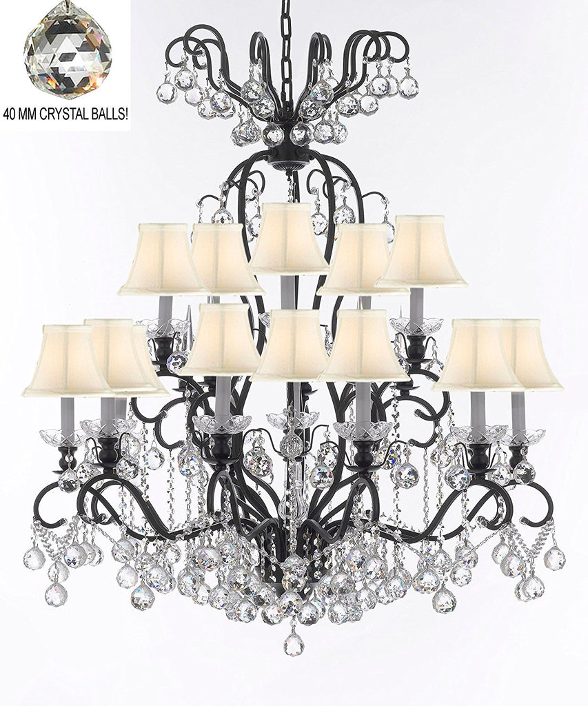 Wrought Iron Crystal Chandelier Lighting Dressed with Crystal Balls W38" H44" - Great for the Dining Room, Foyer, Entry Way, Living Room w/White Shades - F83-B6/WHITESHADES/556/16