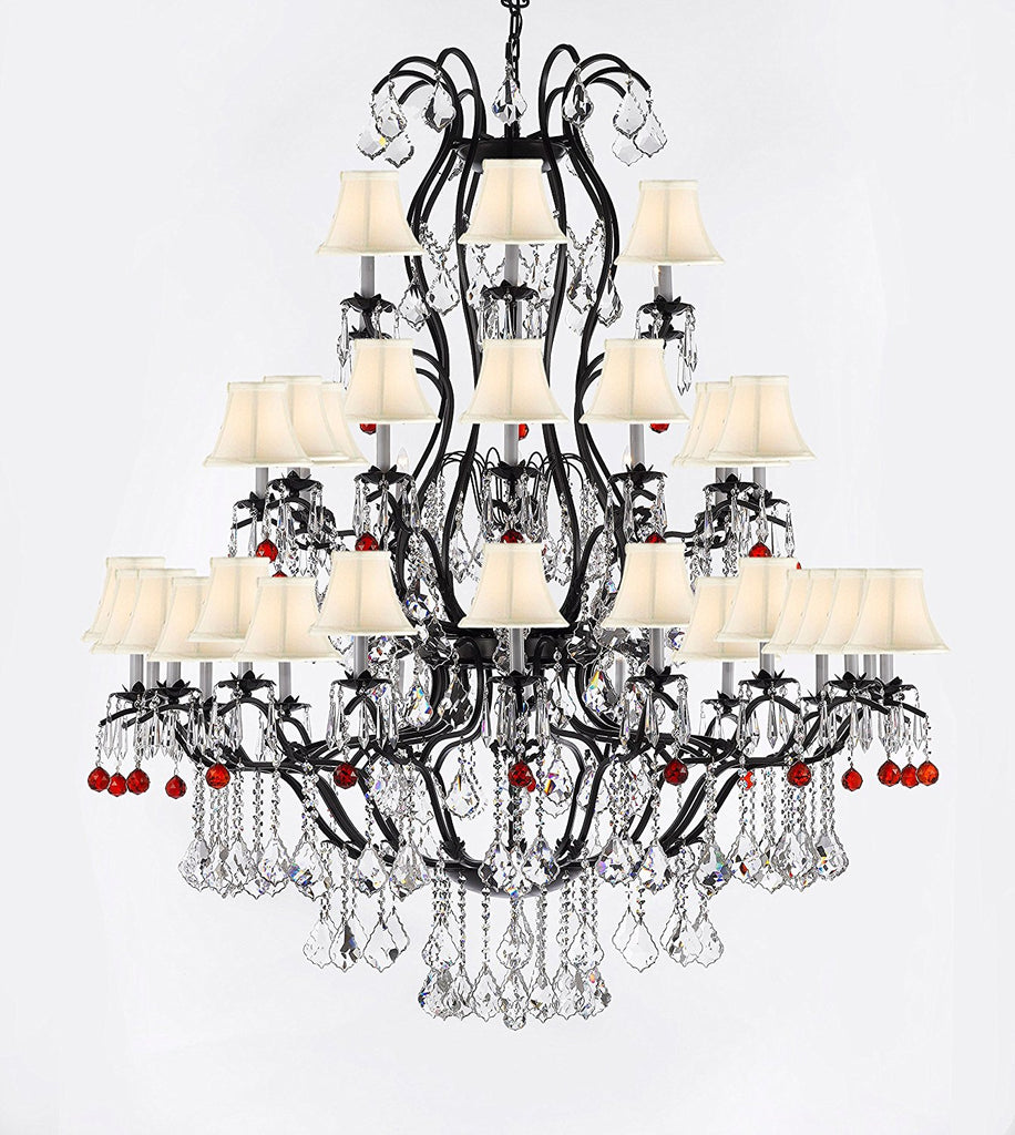 Large Wrought Iron Chandelier Chandeliers Lighting With Ruby Red Crystal Balls H60" x W52" - Great for the Entryway, Foyer, Family Room, Living Room w/White Shades - A500-B96/WHITESHADES/3031/36