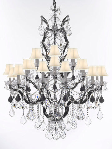 19th C. Baroque Iron & Crystal Chandelier Lighting Dressed with Jet Black Crystals H 52" x W 41" - Great for the Dining Room, Foyer, Entry Way, Living Room w/ White Shades - A500-B97/WHITESHADES/996/25