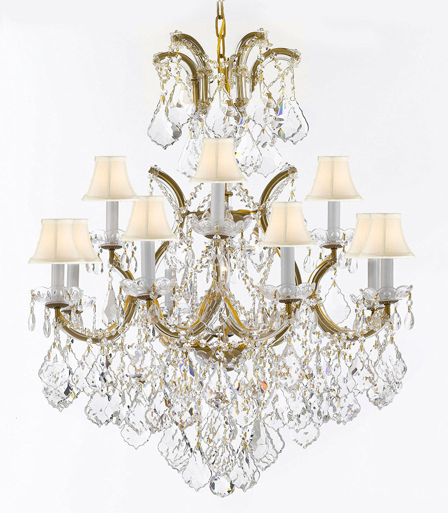 Maria Theresa Chandelier Lights Fixture Pendant Ceiling Lamp Dressed w/Large, Luxe Diamond Cut Crystals! HT35" x WD28" - Good for Dining Room, Foyer, Entryway, Living Room and More! w/White Shades - A500-B90/WHITESHAD/CG/B7/52/21532/12+1DC