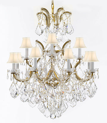 Maria Theresa Chandelier Lights Fixture Pendant Ceiling Lamp Dressed w/Large, Luxe Diamond Cut Crystals! HT35" x WD28" - Good for Dining Room, Foyer, Entryway, Living Room and More! w/White Shades - A500-B90/WHITESHAD/CG/B7/52/21532/12+1DC