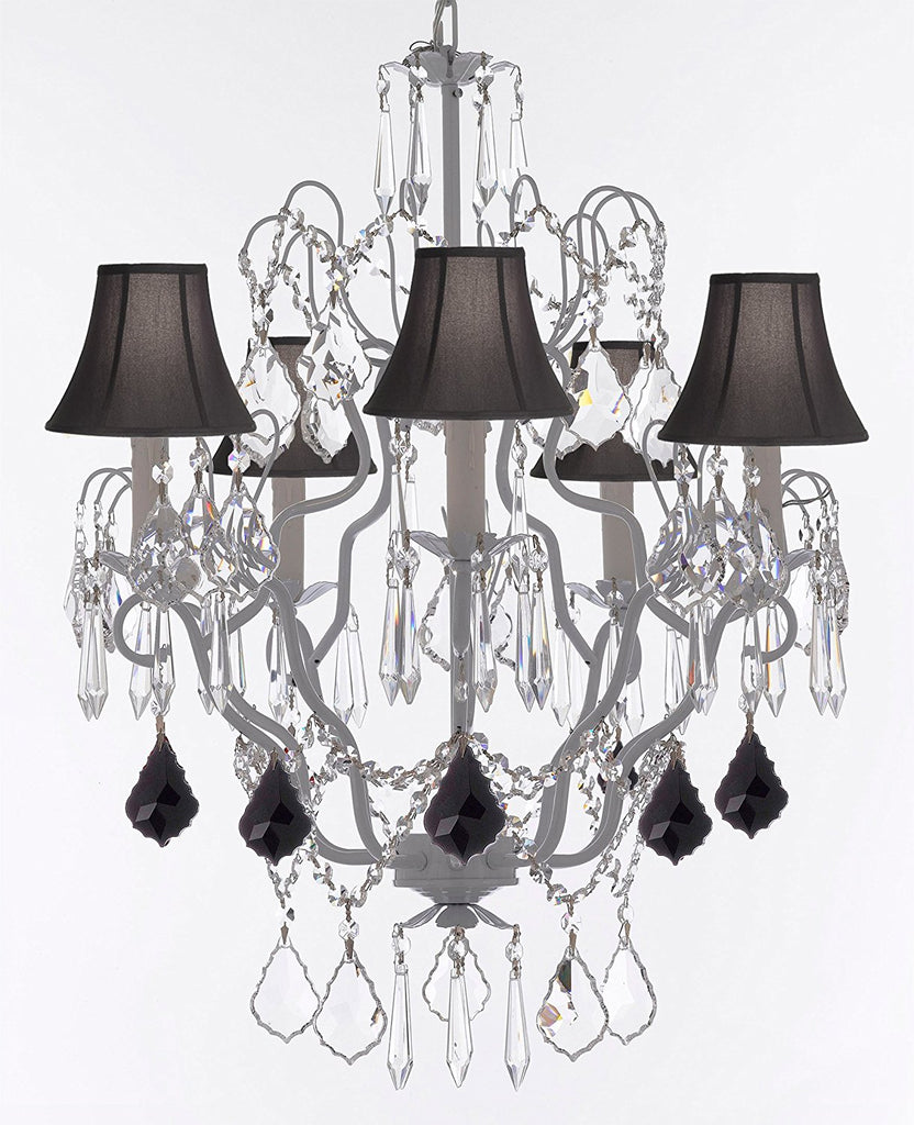 Swarovski Crystal Trimmed Chandelier White Wrought Iron Swarovski Crystal Trimmed Chandeliers Lighting H27"xW21" Dressed w/Jet Black Crystal Great for Closets, Dining Rooms w/Black Shades - J10-B97/BLACKSHADES/WHITE/26025/5SW