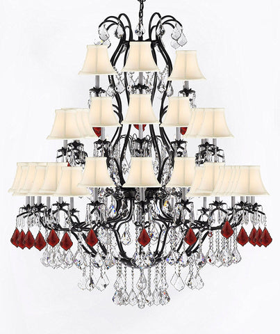 Large Wrought Iron Chandelier Chandeliers Lighting With Ruby Red Crystals H60" x W52" - Great for the Entryway, Foyer, Family Room, Living Room w/White Shades - A83-B98/WHITESHADES/3031/36