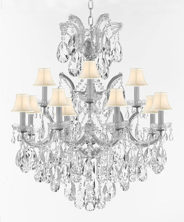 Maria Theresa Chandelier Lights Fixture Pendant Ceiling Lamp Dressed w/Large, Luxe Diamond Cut Crystals! HT35" x WD28" -Good for Dining Room, Foyer, Entryway, Living Room and More! w/White Shades - A500-B90/WHITESHADES/CS/52/21532/12+1DC