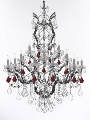 19th C. Baroque Iron & Crystal Chandelier Lighting Dressed w/Ruby Red Crystals H 52" x W 41" - Great for the Dining Room, Foyer, Entry Way, Living Room - A500-B98/996/25