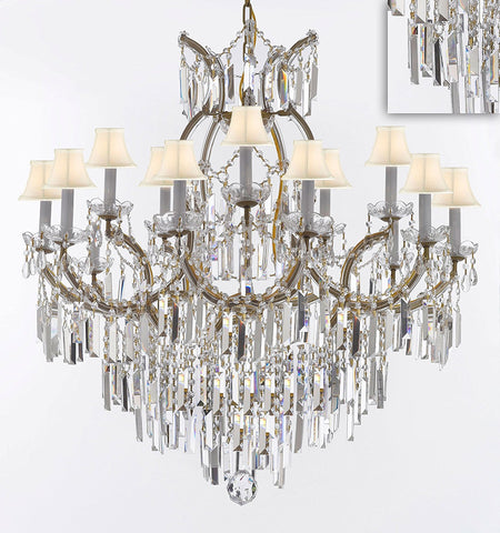 Maria Theresa Chandelier Crystal Lighting Chandeliers w/Optical Quality Fringe Prisms! Great for the Dining Room, Foyer, Entry Way, Living Room! H38" X W37" w/White Shades - A500-B8/WHITESHADES/21510/15+1