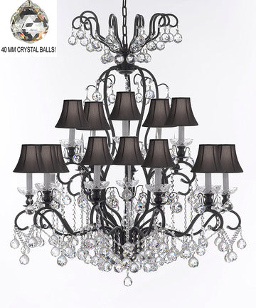 Wrought Iron Crystal Chandelier Lighting Dressed with Crystal Balls W38" H44" - Great for the Dining Room, Foyer, Entry Way, Living Room w/Black Shades - A500-B6/BLACKSHADES/556/16