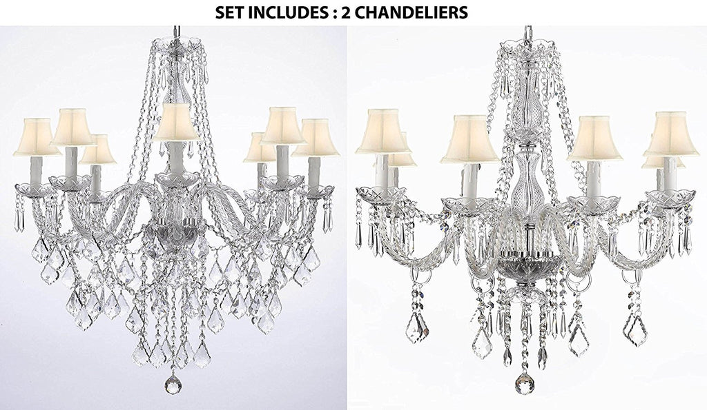 Set of 2 - 1 Crystal Chandelier Lighting With White Shades 33hx28w And 1 Crystal Chandelier Lighting With White Shades 28ht X 28wd Murano - 1EA-B14/243/8 + 1EA-243/8-WHITESHADES