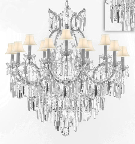 Maria Theresa Chandelier Crystal Lighting Chandeliers w/Optical Quality Fringe Prisms! Great for the Dining Room, Foyer, Entry Way, Living Room! H38" X W37" w/White Shades - A500-B8/WHITESHADES/CS/21510/15+1