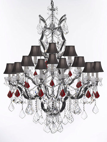 Swarovski Crystal Trimmed Chandelier 19th C. Baroque Iron & Crystal Chandelier Lighting Dressed w/Ruby Red Crystals H 52" x W 41" - Great for the Dining Room, Entry Way, Living Room w/Black Shades - A500-B98/BLACKSHADES/996/25SW