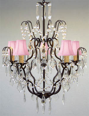 Swarovski Crystal Trimmed Chandelier Wrought Iron & Crystal Chandelier And Pink Shades H27" X W21" - J10-Pinkshades/C/26034/5 Sw