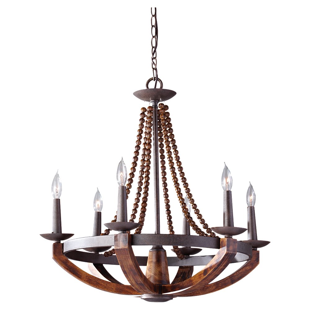 Murray Feiss 6 Bulb Rustic Iron / Burnished Wood Chandelier - C140-F2749/6RI/BWD