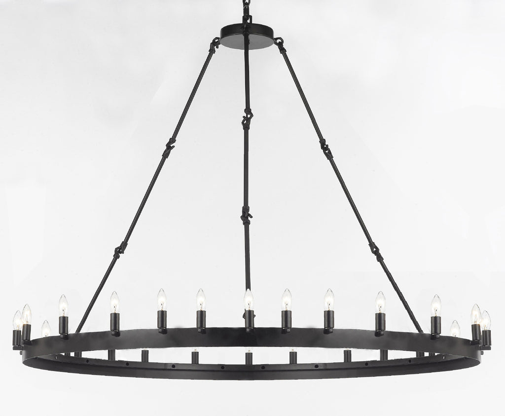 Set of 2-1 Wrought Iron Vintage Barn Metal Castile One Tier Chandelier Industrial Loft Rustic Lighting W 63" H 49" and 1 Wrought Iron Vintage Barn Metal Castile One Tier Chandelier W 50" H 48" - 1EA G7-3428/30 + 1EA G7-3428/24