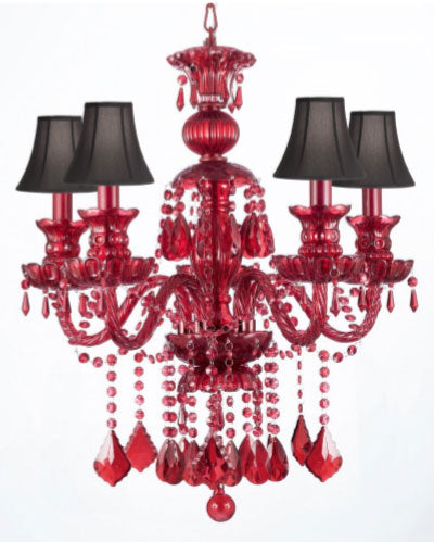 RUBY RED CRYSTAL CHANDELIER LIGHTING H30" x W24" WITH BLACK SHADES - GO-J10-BLACKSHADES/RED/3/26041/5