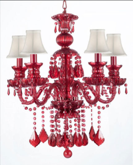 RUBY RED CRYSTAL CHANDELIER LIGHTING H30" x W24" WITH WHITE SHADES - GO-J10-WHITESHADES/RED/3/26041/5