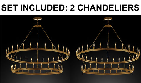 Set of 2 - Wrought Iron Vintage Barn Metal Castile Two Tier Chandeliers Industrial Loft Rustic Lighting W 63" H 60" in a Brushed Brass Finish Great for The Living Room, Dining Room, Foyer and Entryway, Family Room, and More - 2EA G7-CG/3428/54
