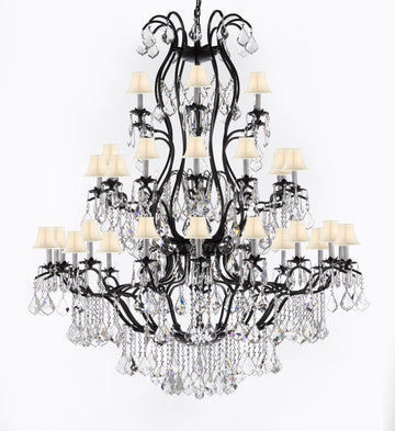 Large Foyer / Entryway Wrought Iron Chandelier Lighting With Crystal And White Shades H60" X W52" - A500-Sc/Whiteshade3031/36+1