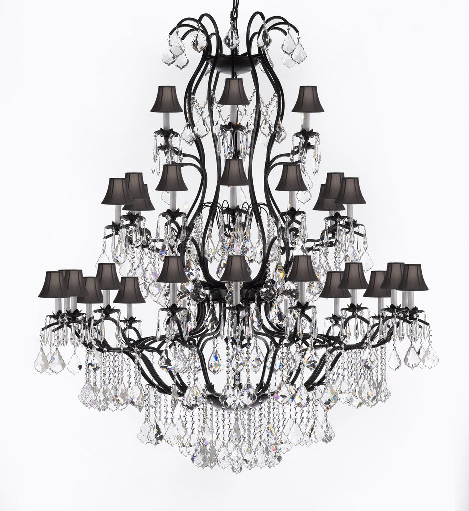 Large Foyer / Entryway Wrought Iron Chandelier Lighting With Crystal And Black Shades H60" X W52" - A83-Sc/Blackshade/3031/36